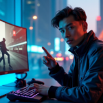 "A young tech enthusiast stands confidently in front of a high-tech gaming setup surrounded by cutting-edge gadgets, including top 5G connectivity devices, amidst a futuristic cityscape at dusk."