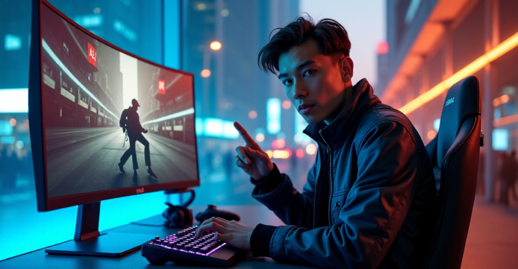 "A young tech enthusiast stands confidently in front of a high-tech gaming setup surrounded by cutting-edge gadgets, including top 5G connectivity devices, amidst a futuristic cityscape at dusk."