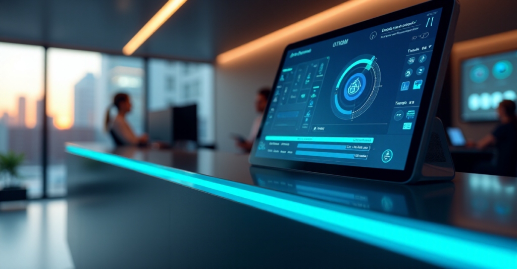 "Image of a modern customer service desk featuring an AI-powered automation system with a large touchscreen interface and metallic accents in a well-lit office environment."