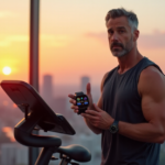 "Middle-aged man showcasing cutting-edge health tech, standing confidently in front of a modern cityscape at sunset."
