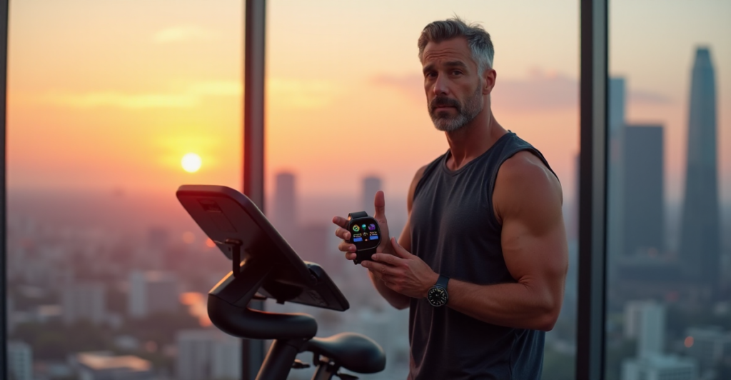 "Middle-aged man showcasing cutting-edge health tech, standing confidently in front of a modern cityscape at sunset."