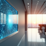 "Unlock Smarter Offices with AI-Powered Automation Innovations" "Image of a modern office space featuring a cutting-edge AI-powered automation system with a large touchscreen display and interconnected nodes."