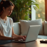 "A young professional woman sits comfortably on a modern couch, surrounded by lush greenery and natural light, working on her cutting-edge 5G-enabled laptop with a wireless keyboard."