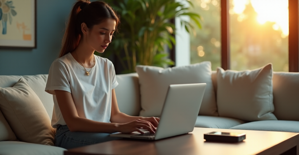 "A young professional woman sits comfortably on a modern couch, surrounded by lush greenery and natural light, working on her cutting-edge 5G-enabled laptop with a wireless keyboard."