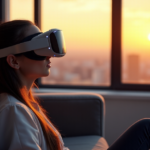 "A person wearing a sleek VR headset sits on a dark grey couch in front of a cityscape at sunset, fully immersed in a virtual world."