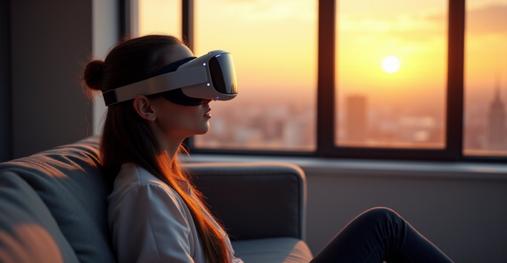 "A person wearing a sleek VR headset sits on a dark grey couch in front of a cityscape at sunset, fully immersed in a virtual world."