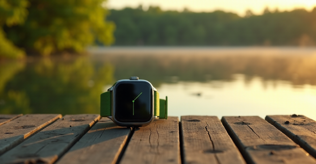 "A sleek silver smartwatch on a weathered dock surrounded by lush foliage, reflecting serene lake views at dawn's golden hour."