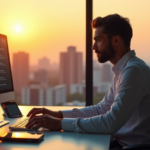 A modern real estate agent sits at a minimalist desk with a large computer monitor displaying a blockchain-based property transaction interface, surrounded by budget-friendly tech innovations including a cryptocurrency wallet, portable power bank, smart home security system and top 5G connectivity gadgets of 2025.