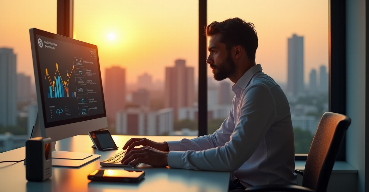 A modern real estate agent sits at a minimalist desk with a large computer monitor displaying a blockchain-based property transaction interface, surrounded by budget-friendly tech innovations including a cryptocurrency wallet, portable power bank, smart home security system and top 5G connectivity gadgets of 2025.