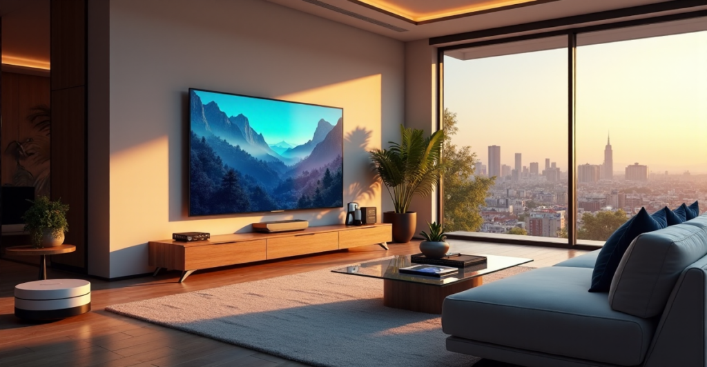 "A modern living room with a large smart TV at its center, surrounded by cutting-edge gadgets, including a voice-controlled robot vacuum cleaner and high-tech smart speaker, showcasing top 5G connectivity gadgets of 2025."