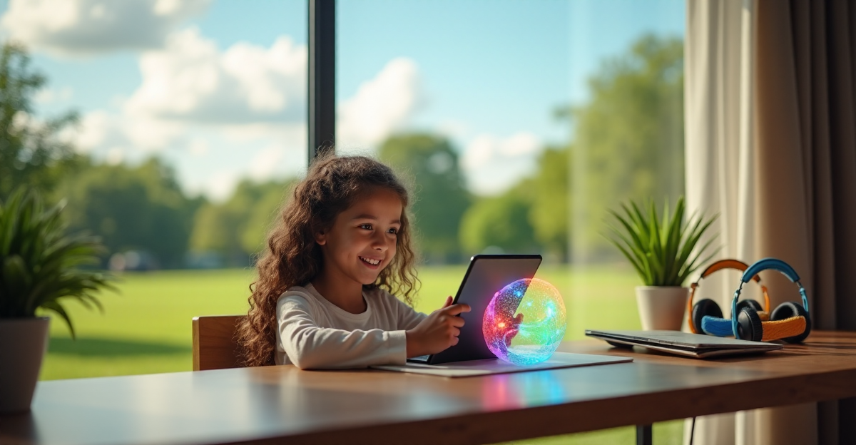 A young girl sits at a minimalist desk surrounded by education tech tools, intensely focusing on a holographic display projected from her tablet, with a lush green park visible through a large window behind her.