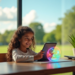A young girl sits at a minimalist desk surrounded by education tech tools, intensely focusing on a holographic display projected from her tablet, with a lush green park visible through a large window behind her.