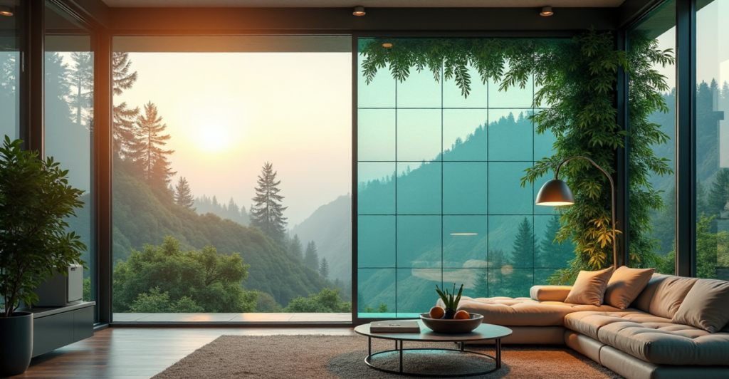 "A futuristic smart home setup with a sleek solar panel window system, surrounded by eco-friendly gadgets and devices in a serene, misty morning atmosphere."