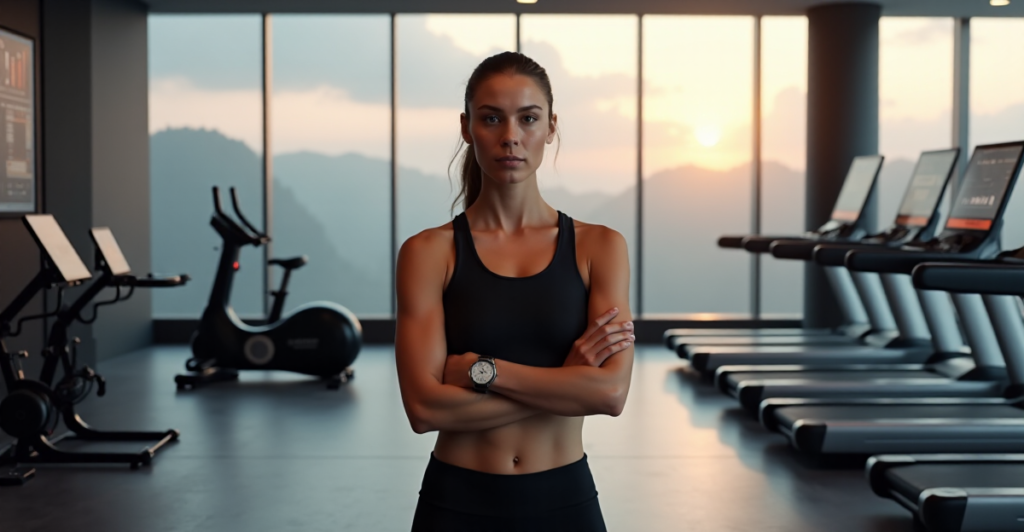 "A woman stands confidently in a high-tech fitness studio surrounded by advanced health tech innovations and natural light."