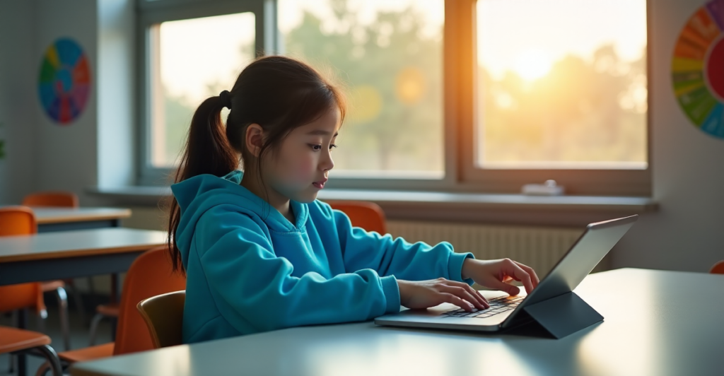 "A young girl sits at a minimalist desk, surrounded by cutting-edge education tools, interacting with a tablet in a modern classroom with natural light pouring in."