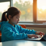 "Revolutionize Learning with Cutting-Edge Education Tech: Empowering a Smarter Future Through Innovative Tools and Seamless 5G Connectivity" "A young girl sits at a minimalist desk, surrounded by cutting-edge education tools, interacting with a tablet in a modern classroom with natural light pouring in."