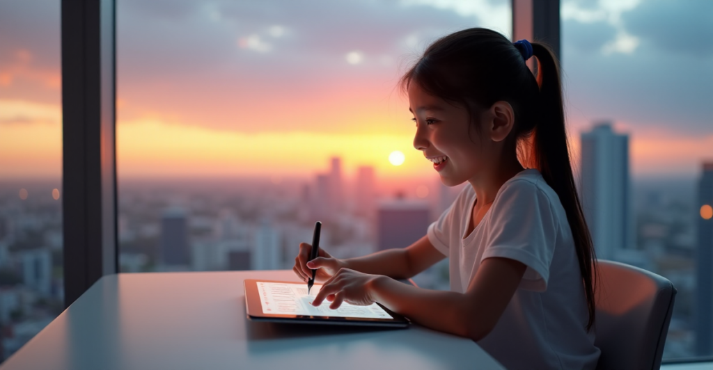 "A young girl sits at a sleek desk, intensely focused on a high-resolution touchscreen tablet in a futuristic classroom with floor-to-ceiling windows offering a breathtaking cityscape view at sunset."