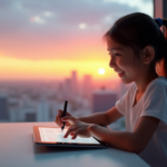 "A young girl sits at a sleek desk, intensely focused on a high-resolution touchscreen tablet in a futuristic classroom with floor-to-ceiling windows offering a breathtaking cityscape view at sunset."