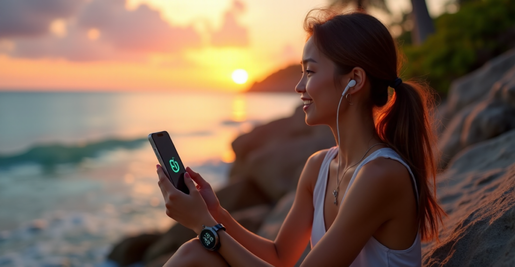 "A young woman sits on a rocky beach at sunset, surrounded by palm trees, using top 5G connectivity gadgets amidst serene ocean views."