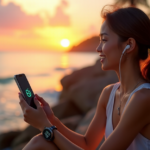 "A young woman sits on a rocky beach at sunset, surrounded by palm trees, using top 5G connectivity gadgets amidst serene ocean views."