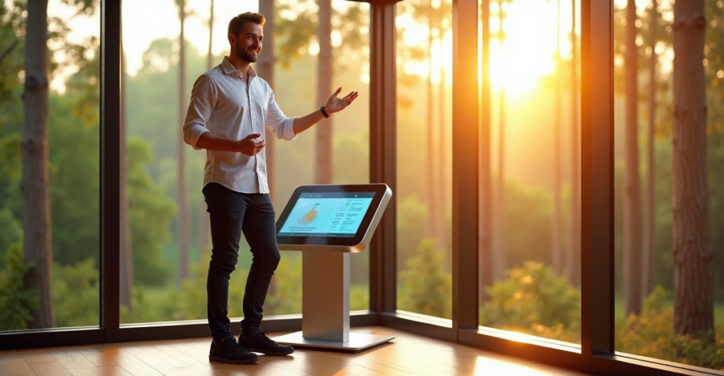"Max Zypher stands confidently in front of a modern wellness center with floor-to-ceiling windows offering a serene forest view, gesturing towards cutting-edge AI-powered wellness tech console."