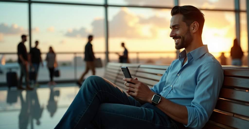 "Image of Max Zypher on a wooden bench in an airport terminal, surrounded by travelers, using cutting-edge mobile travel gadgets with a calm expression."