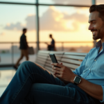 "Image of Max Zypher on a wooden bench in an airport terminal, surrounded by travelers, using cutting-edge mobile travel gadgets with a calm expression."