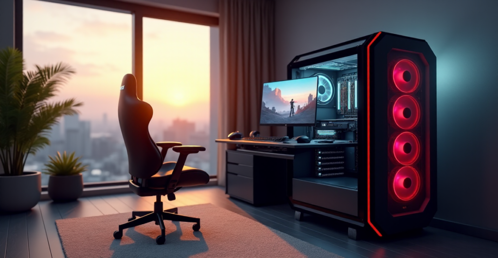 "A modern gaming setup featuring a sleek 5G PC tower, high-resolution monitor, premium headphones, and controller in a cozy living room with warm golden hour lighting."