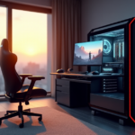 "A modern gaming setup featuring a sleek 5G PC tower, high-resolution monitor, premium headphones, and controller in a cozy living room with warm golden hour lighting."