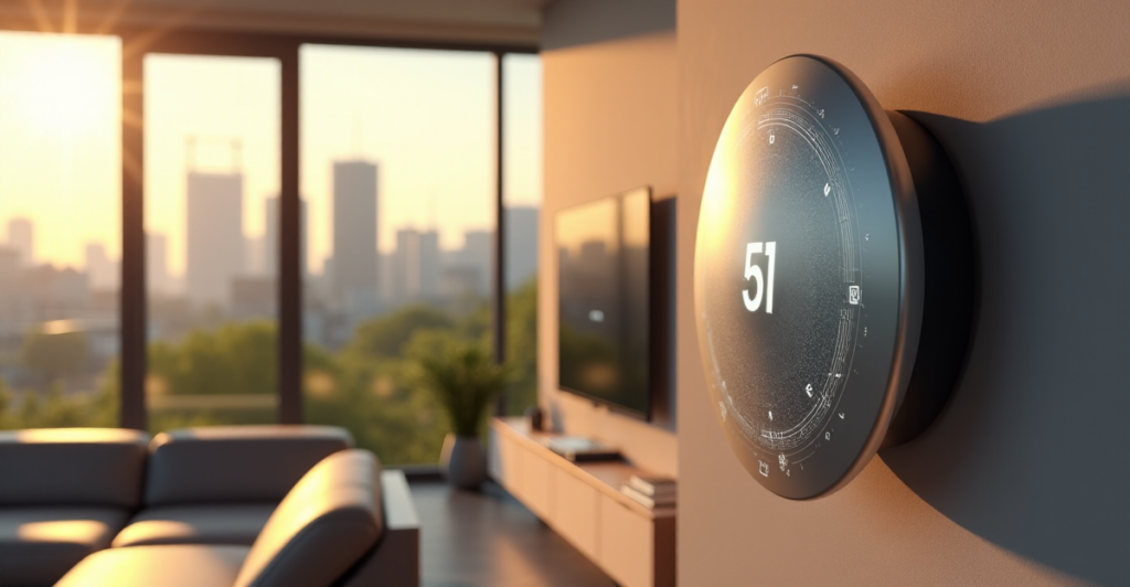 "A sleek, silver smart energy management system on a modern living room wall, reflecting warm natural light with subtle 5G connectivity symbol."