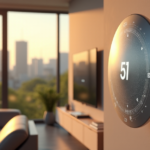 "A sleek, silver smart energy management system on a modern living room wall, reflecting warm natural light with subtle 5G connectivity symbol."