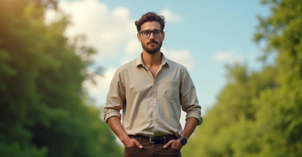 A man stands confidently in a serene forest environment, dressed in earthy tones, exuding calm determination and trustworthiness, inviting viewers to adopt a healthier lifestyle amidst modern gadgets and wellness solutions.