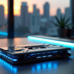 "A futuristic smart wallet made from recycled materials sits on a minimalist desk with an embedded LED strip, surrounded by a cityscape at dusk."