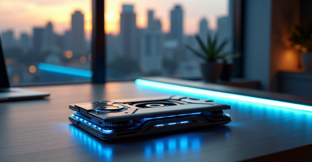 "A futuristic smart wallet made from recycled materials sits on a minimalist desk with an embedded LED strip, surrounded by a cityscape at dusk."