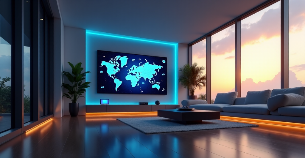 "A modern living room with a central smart display screen showcasing AI automation and 5G connectivity through various devices in a serene evening atmosphere."