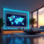 "A modern living room with a central smart display screen showcasing AI automation and 5G connectivity through various devices in a serene evening atmosphere."