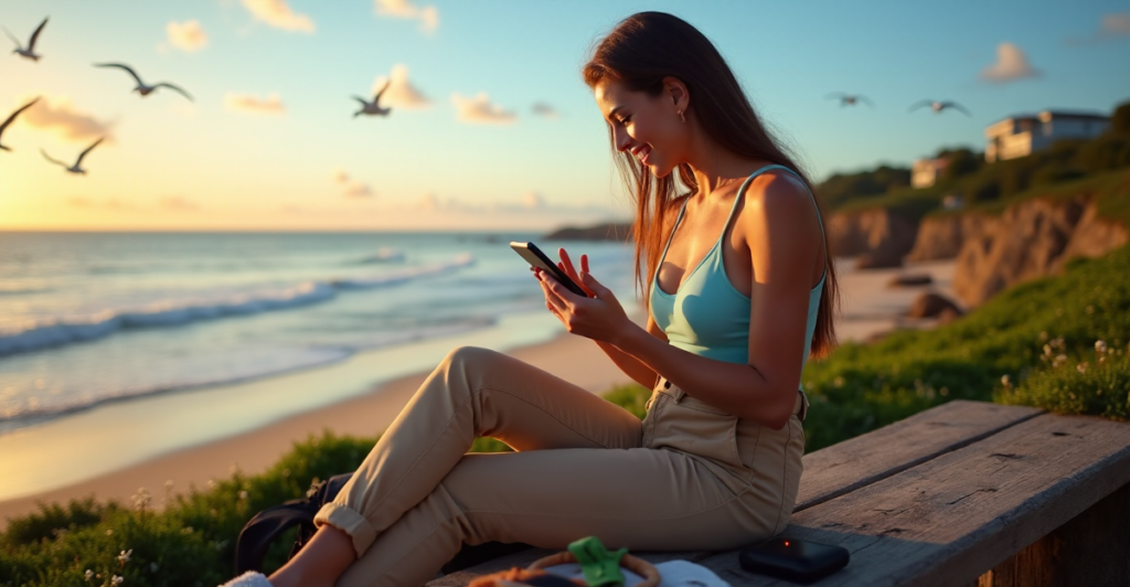 "A young woman sits on a rocky beach at sunset, using a smartphone with cutting-edge tech to plan her next destination amidst lush greenery and ocean views."