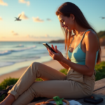 "A young woman sits on a rocky beach at sunset, using a smartphone with cutting-edge tech to plan her next destination amidst lush greenery and ocean views."