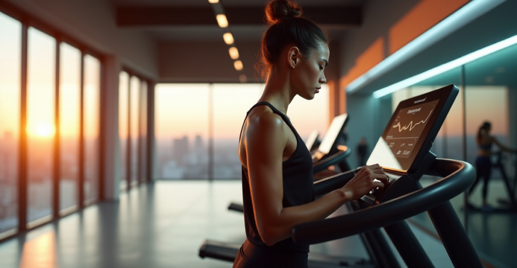 "A young adult stands confidently in front of a cutting-edge exercise machine, gazing at real-time workout data on its digital display."