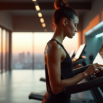 "A young adult stands confidently in front of a cutting-edge exercise machine, gazing at real-time workout data on its digital display."