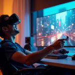 "A young gamer immersed in a cutting-edge virtual reality experience, surrounded by advanced gaming technology."