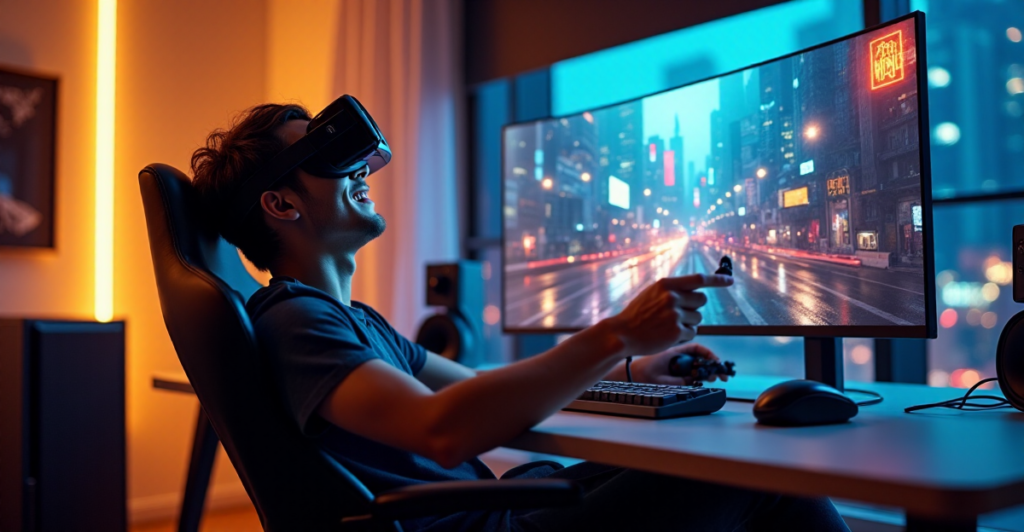 "A young gamer immersed in a cutting-edge virtual reality experience, surrounded by advanced gaming technology."