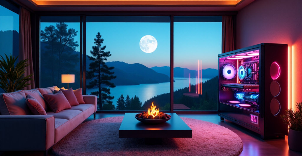 "A high-end gaming PC setup in a modern entertainment room with immersive RGB lighting and breathtaking moonlit landscape view, highlighting top-notch gadgets for limitless fun."