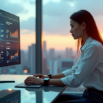 "Maximize Office Efficiency with Smart 5G Gadgets and AI Automation" "A young professional sits confidently at a glass desk surrounded by cutting-edge 5G gadgets and AI-powered devices in a modern office space with a cityscape view."