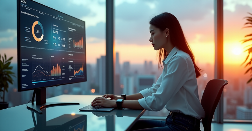 "A young professional sits confidently at a glass desk surrounded by cutting-edge 5G gadgets and AI-powered devices in a modern office space with a cityscape view."