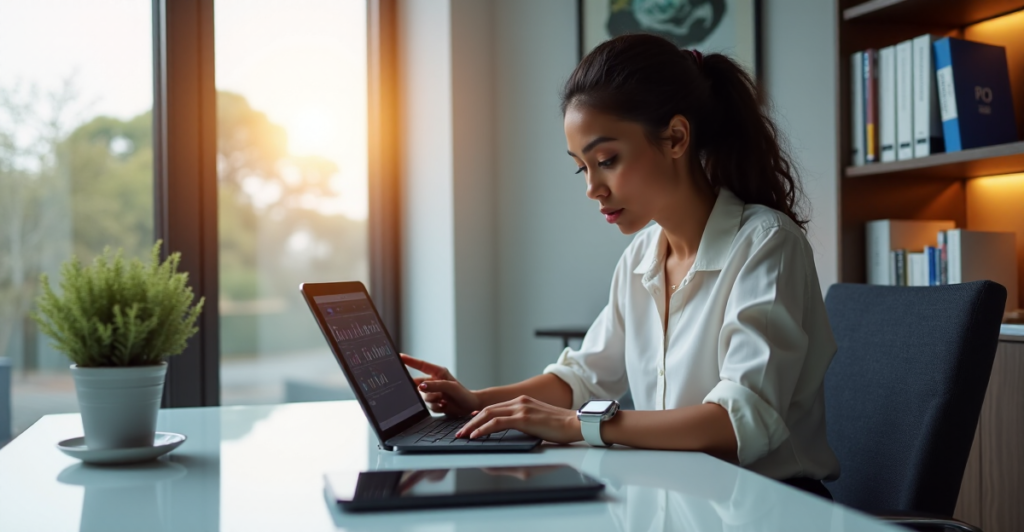 "A young professional sits at a minimalist desk surrounded by cutting-edge 5G gadgets in a modern office space with natural light pouring in."