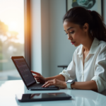 Streamline Your Workflow with Top 5G Gadgets for Efficient Productivity "A young professional sits at a minimalist desk surrounded by cutting-edge 5G gadgets in a modern office space with natural light pouring in."