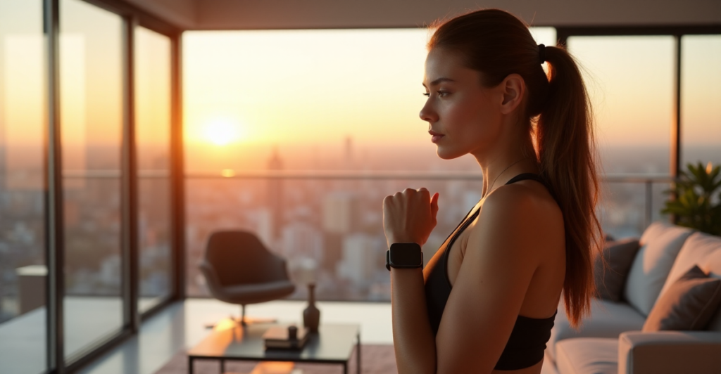 "A young woman stands confidently in a minimalist living room, wearing a sleek fitness tracker and holding a futuristic smartwatch, surrounded by modern furniture and health books."