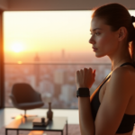 "A young woman stands confidently in a minimalist living room, wearing a sleek fitness tracker and holding a futuristic smartwatch, surrounded by modern furniture and health books."