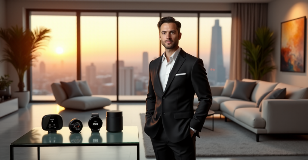 "Max Zypher stands confidently in a modern living room, surrounded by cutting-edge smart home devices and gadgets."